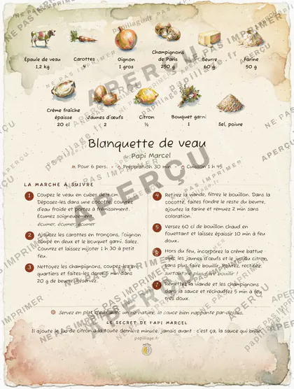 Blanquette de veau en aquarelle, mise en page bandeau haut