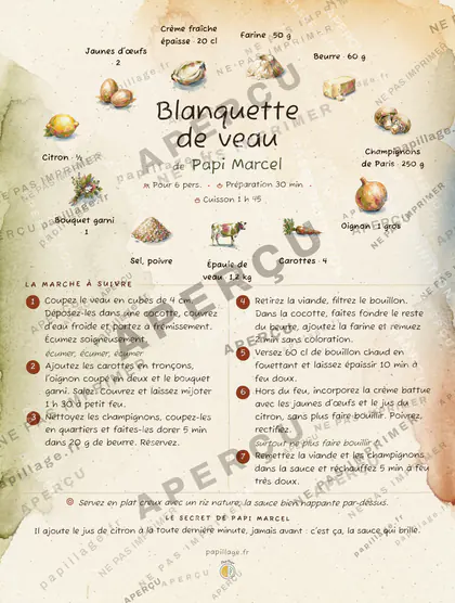 Blanquette de veau en aquarelle, mise en page couronne
