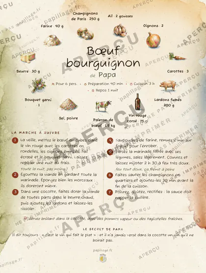 Bœuf bourguignon en aquarelle, mise en page couronne