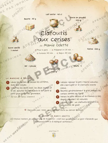 Clafoutis aux cerises en aquarelle, mise en page couronne