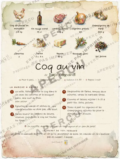 Coq au vin en aquarelle, mise en page bandeau haut
