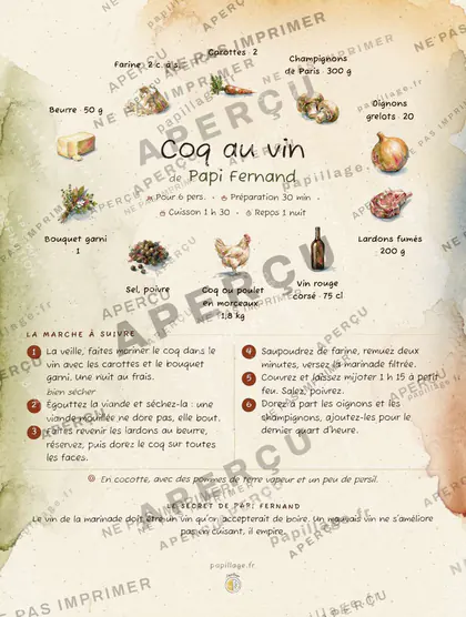 Coq au vin en aquarelle, mise en page couronne