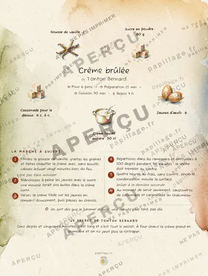 Crème brûlée en aquarelle, mise en page couronne