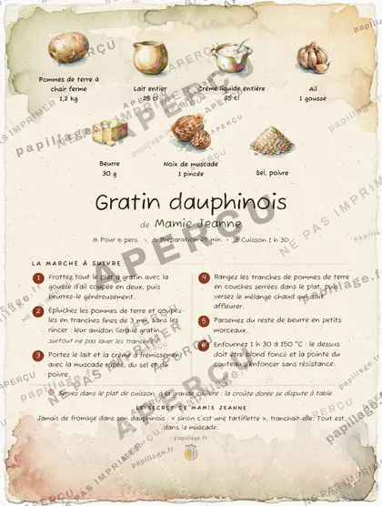 Gratin dauphinois en aquarelle, mise en page bandeau haut