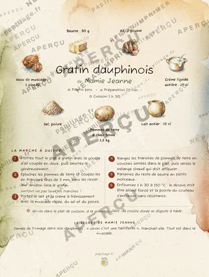 Gratin dauphinois en aquarelle, mise en page couronne