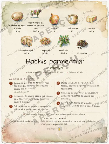 Hachis parmentier en aquarelle, mise en page bandeau haut