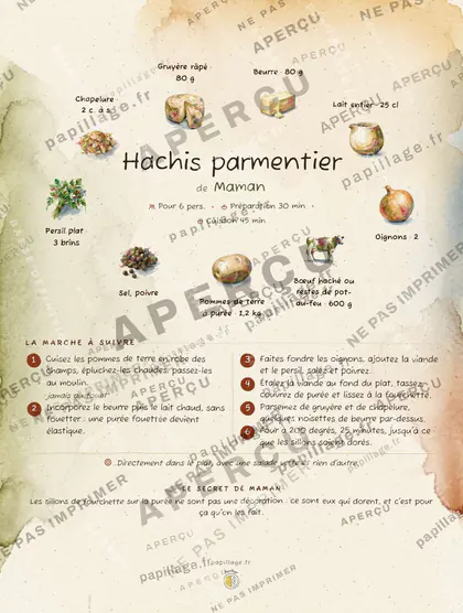 Hachis parmentier en aquarelle, mise en page couronne