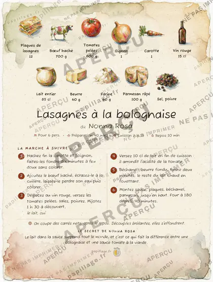 Lasagnes à la bolognaise en aquarelle, mise en page bandeau haut