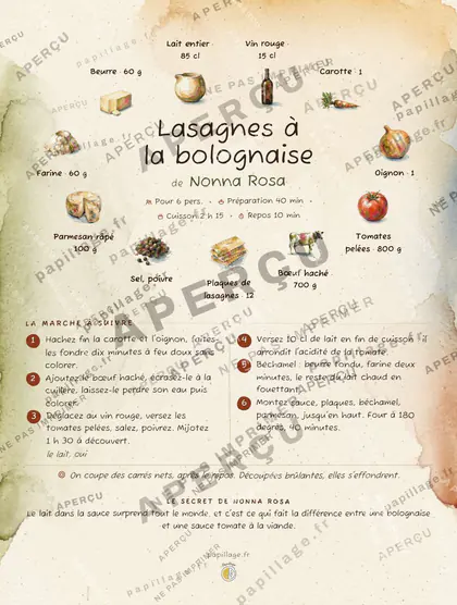 Lasagnes à la bolognaise en aquarelle, mise en page couronne