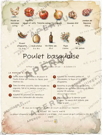 Poulet basquaise en aquarelle, mise en page bandeau haut