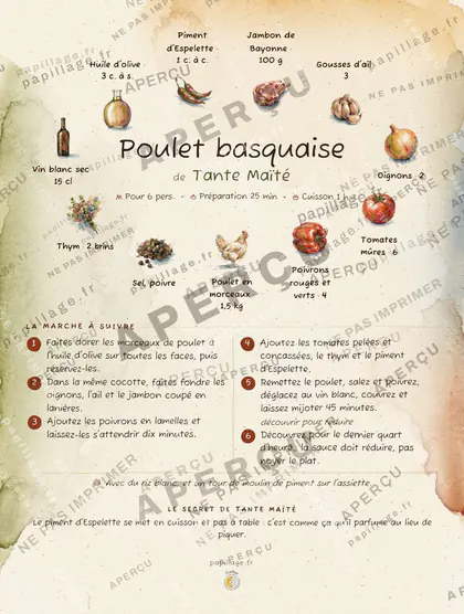 Poulet basquaise en aquarelle, mise en page couronne
