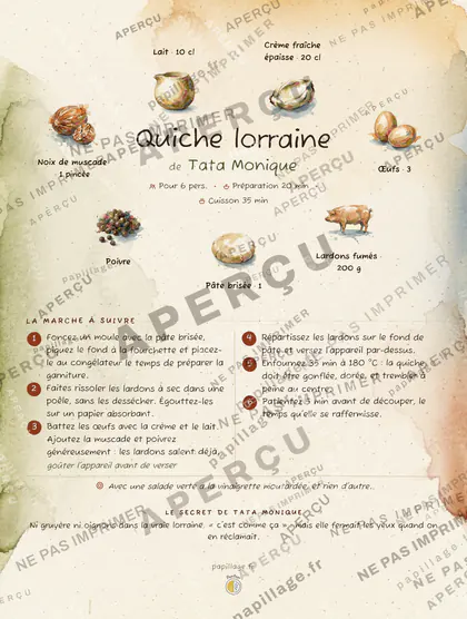 Quiche lorraine en aquarelle, mise en page couronne