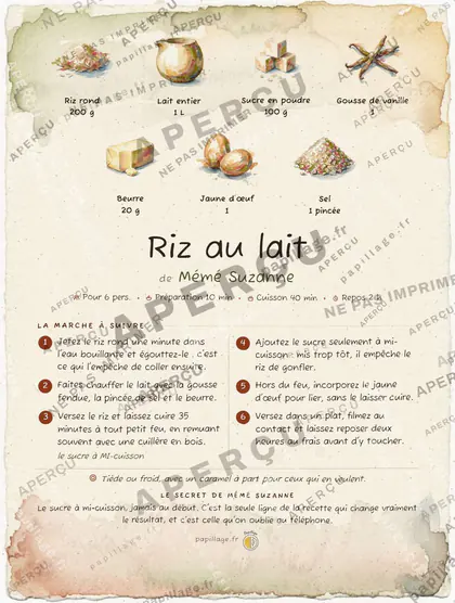 Riz au lait en aquarelle, mise en page bandeau haut