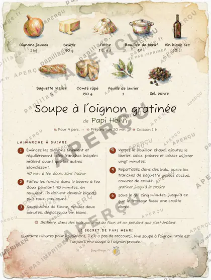 Soupe à l'oignon gratinée en aquarelle, mise en page bandeau haut