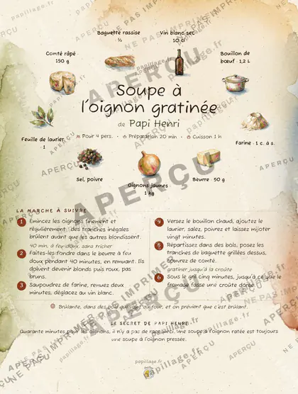 Soupe à l'oignon gratinée en aquarelle, mise en page couronne