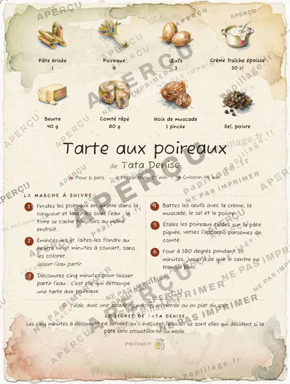 Tarte aux poireaux en aquarelle, mise en page bandeau haut