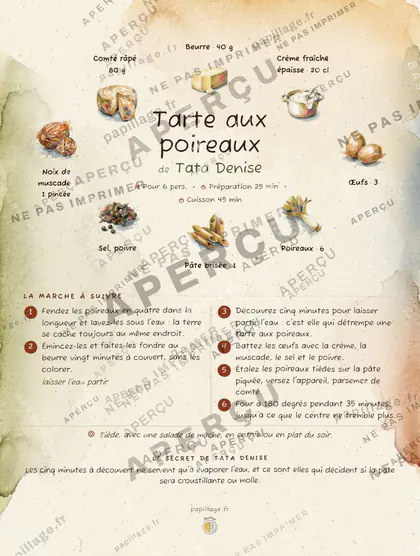 Tarte aux poireaux en aquarelle, mise en page couronne