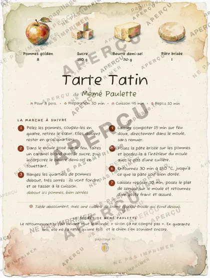 Tarte Tatin en aquarelle, mise en page bandeau haut