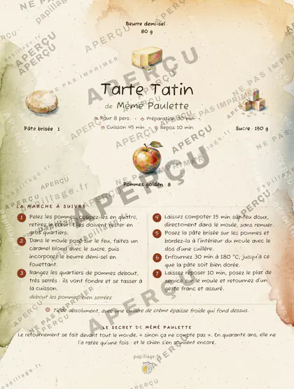 Tarte Tatin en aquarelle, mise en page couronne