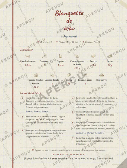 Blanquette de veau en cahier de famille, mise en page bandeau haut