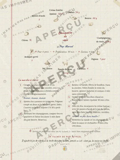 Blanquette de veau en cahier de famille, mise en page couronne