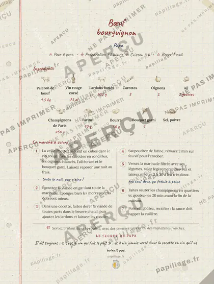 Bœuf bourguignon en cahier de famille, mise en page bandeau haut
