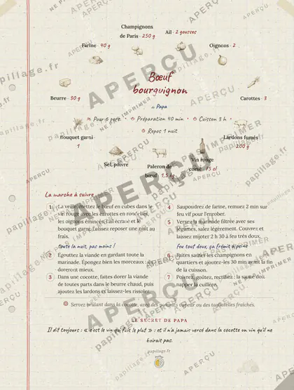 Bœuf bourguignon en cahier de famille, mise en page couronne