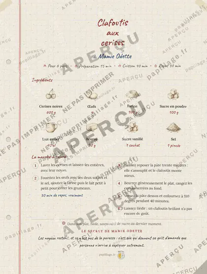 Clafoutis aux cerises en cahier de famille, mise en page bandeau haut