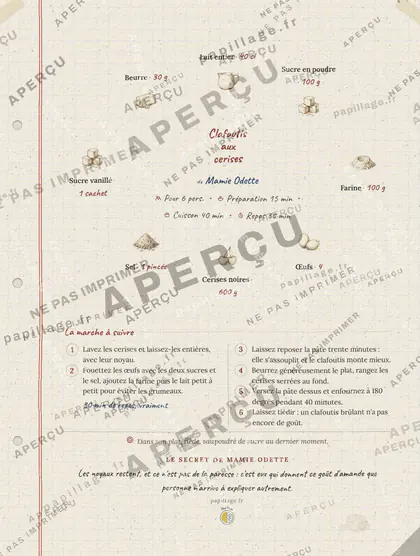 Clafoutis aux cerises en cahier de famille, mise en page couronne
