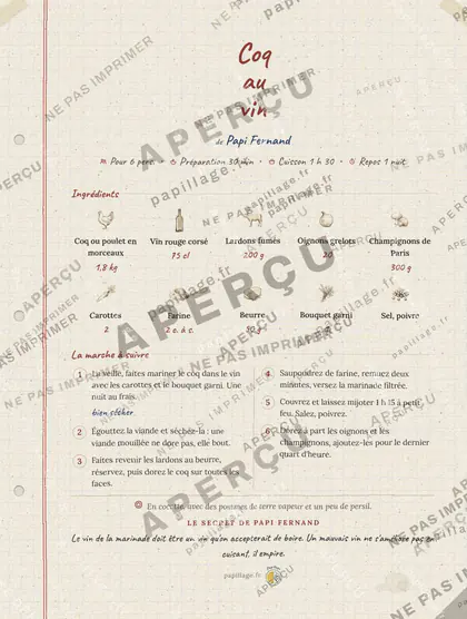 Coq au vin en cahier de famille, mise en page bandeau haut