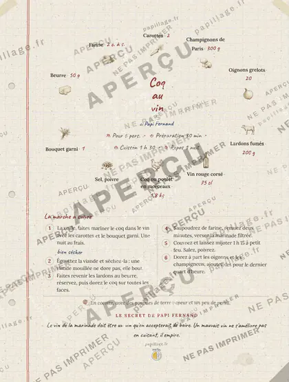 Coq au vin en cahier de famille, mise en page couronne