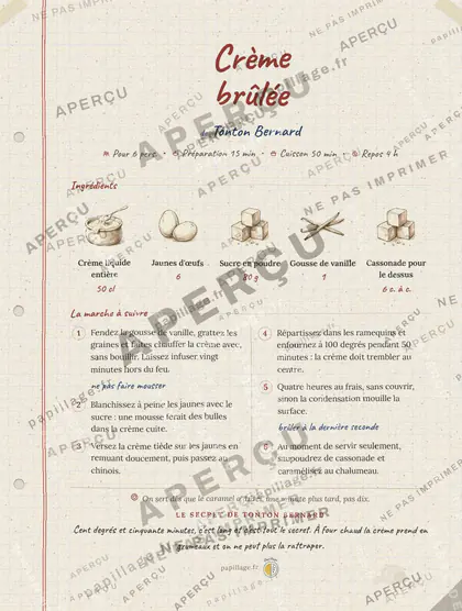 Crème brûlée en cahier de famille, mise en page bandeau haut