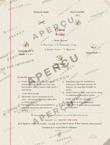 Crème brûlée en cahier de famille, mise en page couronne