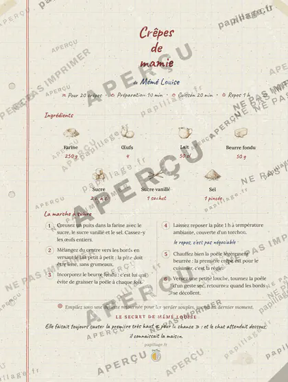 Crêpes de mamie en cahier de famille, mise en page bandeau haut