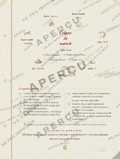 Crêpes de mamie en cahier de famille, mise en page couronne