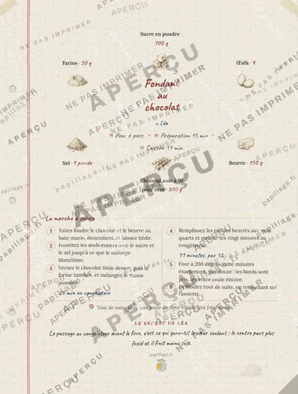 Fondant au chocolat en cahier de famille, mise en page couronne