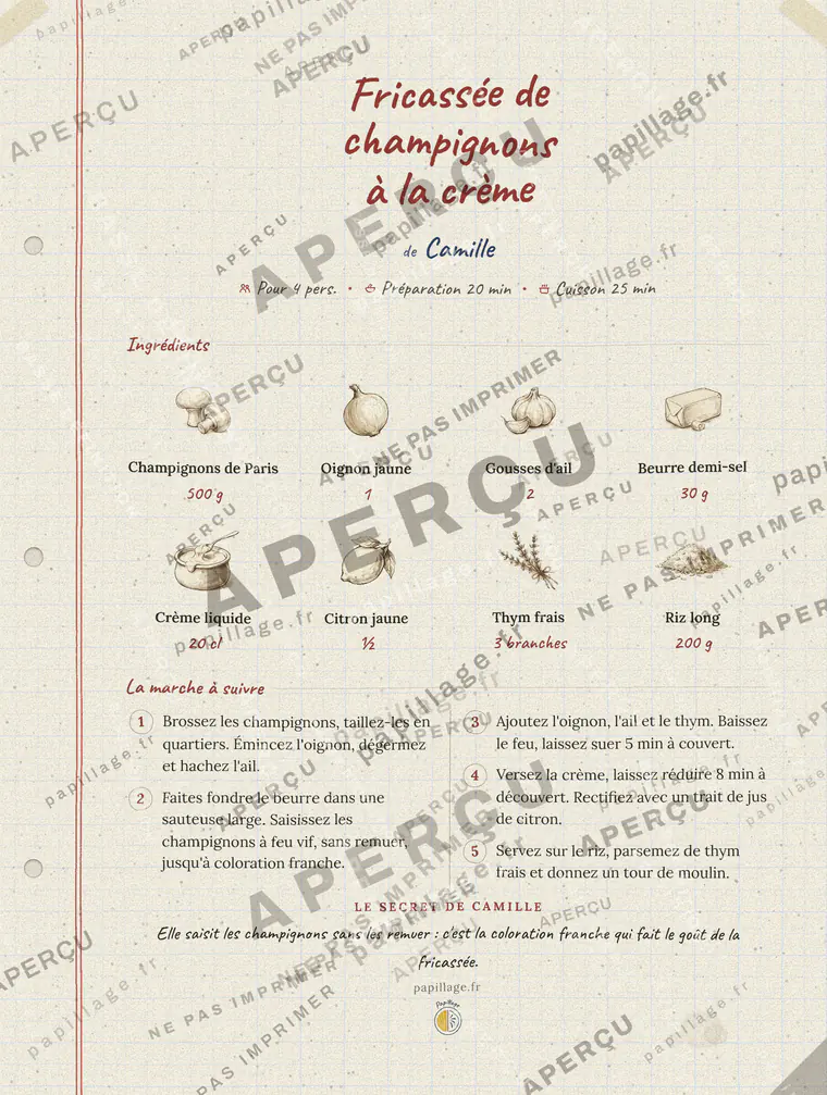 Fricassée de champignons à la crème en cahier de famille, mise en page bandeau haut
