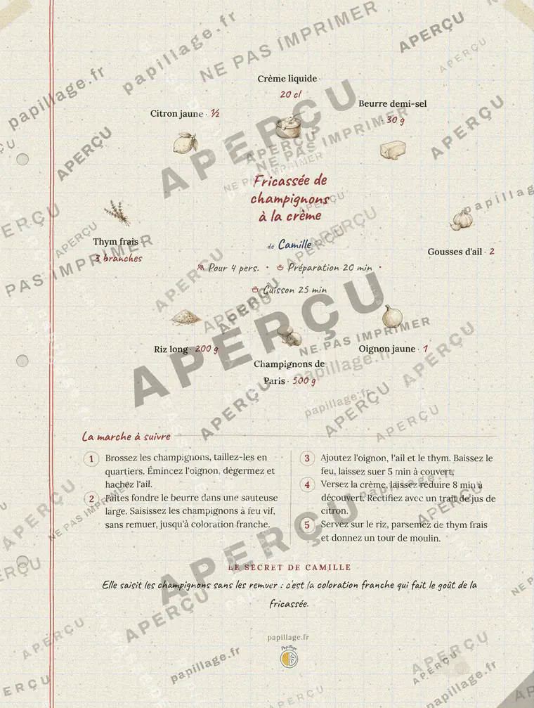 Fricassée de champignons à la crème en cahier de famille, mise en page couronne