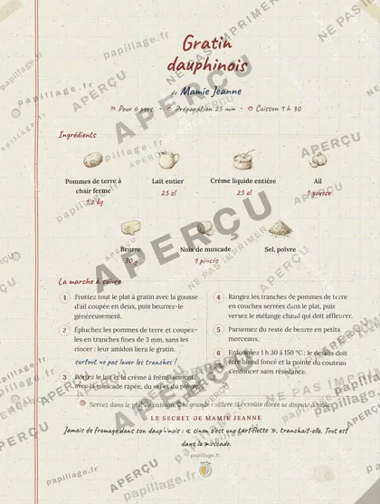 Gratin dauphinois en cahier de famille, mise en page bandeau haut