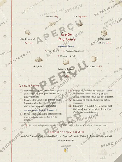 Gratin dauphinois en cahier de famille, mise en page couronne