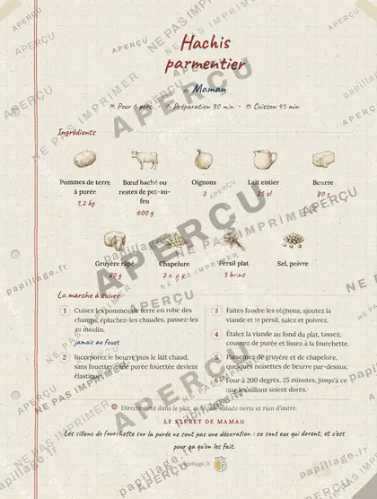 Hachis parmentier en cahier de famille, mise en page bandeau haut