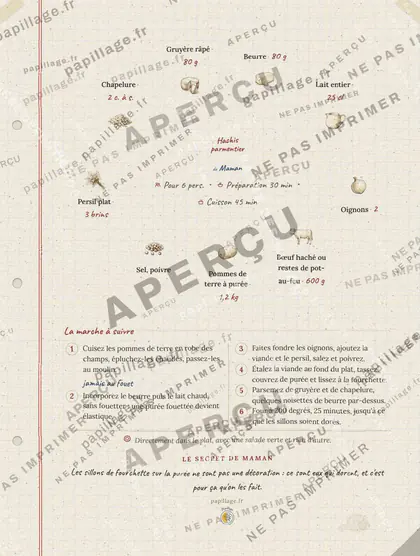 Hachis parmentier en cahier de famille, mise en page couronne