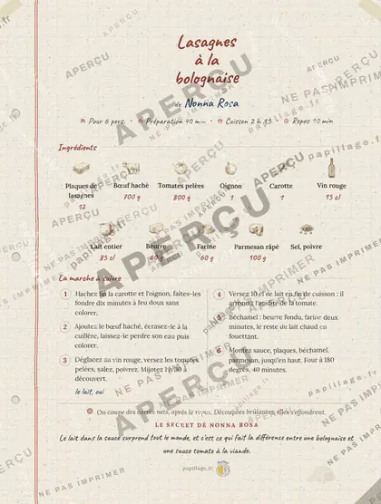 Lasagnes à la bolognaise en cahier de famille, mise en page bandeau haut