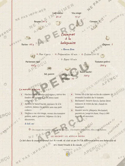 Lasagnes à la bolognaise en cahier de famille, mise en page couronne