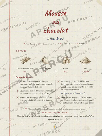 Mousse au chocolat en cahier de famille, mise en page bandeau haut