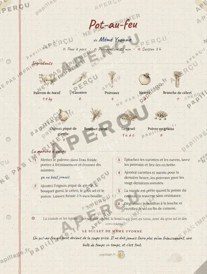 Pot-au-feu en cahier de famille, mise en page bandeau haut