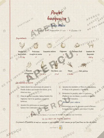 Poulet basquaise en cahier de famille, mise en page bandeau haut