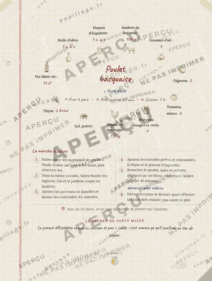 Poulet basquaise en cahier de famille, mise en page couronne