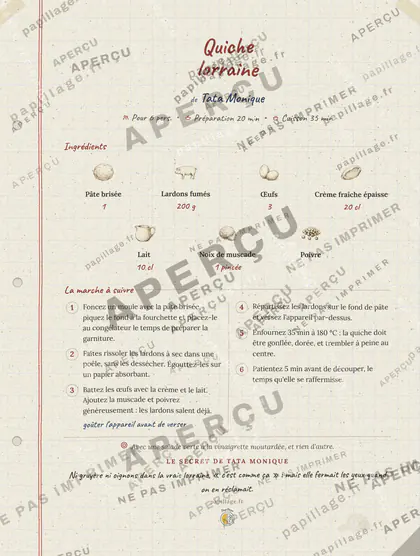 Quiche lorraine en cahier de famille, mise en page bandeau haut