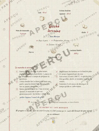 Quiche lorraine en cahier de famille, mise en page couronne